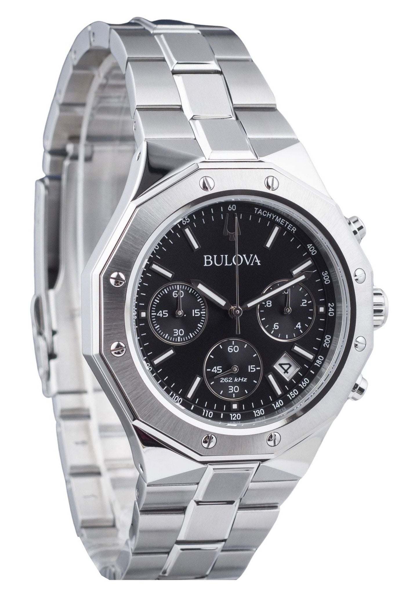 Bulova Classic Quartz movement Black Stainless steel Male 96B410. A brand-new Bulova Classic watch featuring a Black dial and a Stainless steel strap. Front view.
