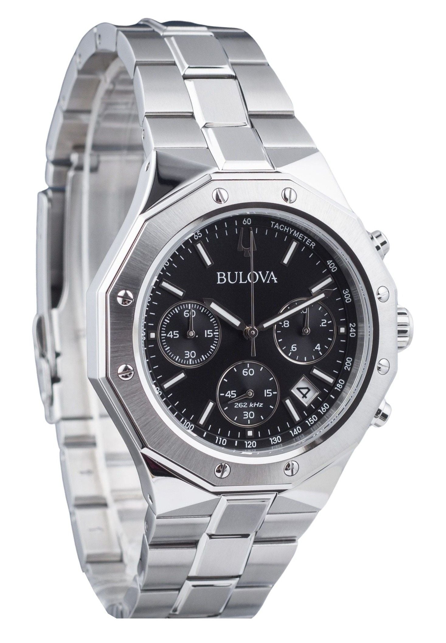 Bulova Classic Quartz movement Black Stainless steel Male 96B410. A brand-new Bulova Classic watch featuring a Black dial and a Stainless steel strap. Front view.