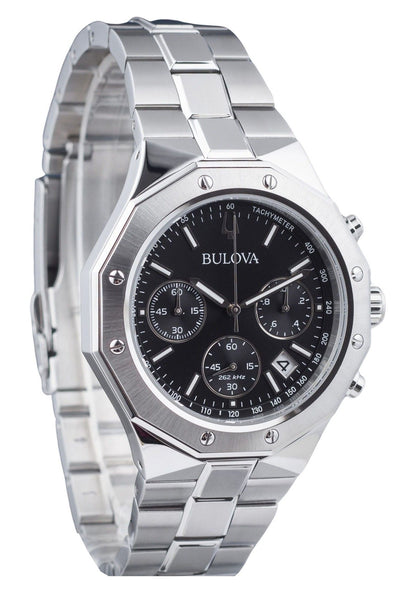 Bulova Classic Quartz movement Black Stainless steel Male 96B410. A brand-new Bulova Classic watch featuring a Black dial and a Stainless steel strap. Front view.