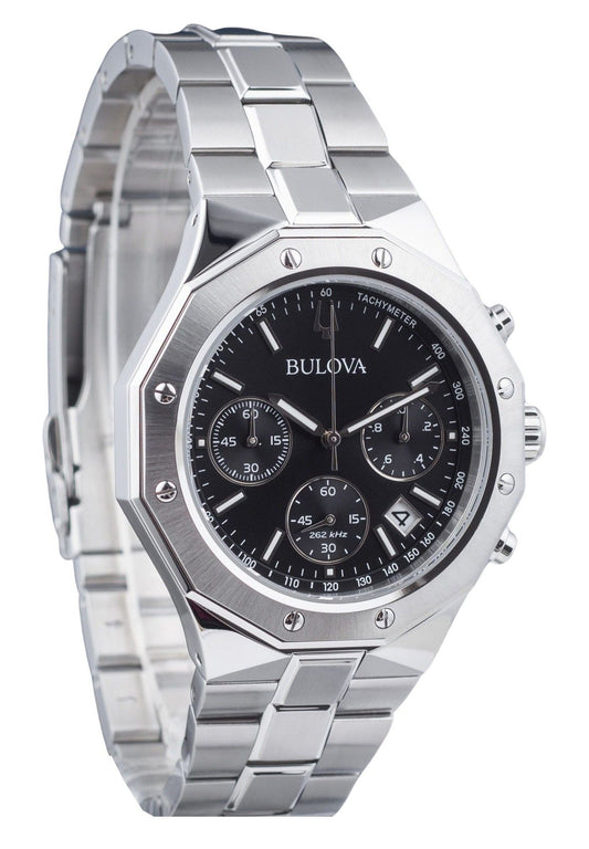 Bulova Classic Quartz movement Black Stainless steel Male 96B410. A brand-new Bulova Classic watch featuring a Black dial and a Stainless steel strap. Front view.