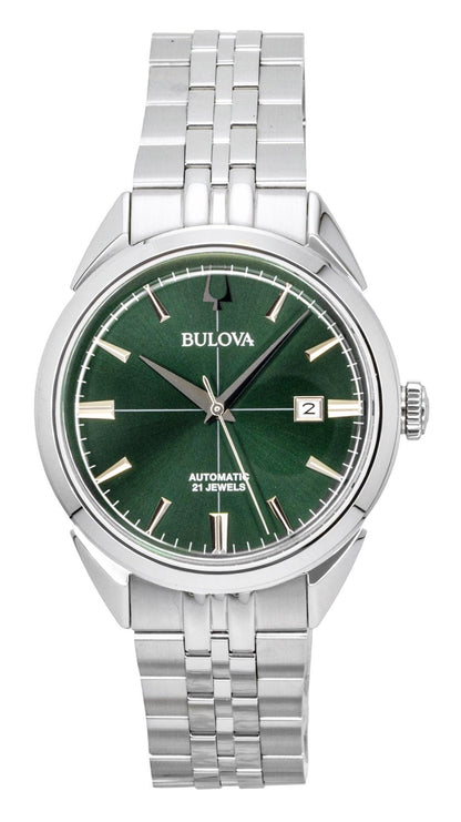 Bulova Sutton Automatic movement Green Stainless steel Male 96B424. A brand-new Bulova Sutton watch featuring a Green dial and a Stainless steel strap. Front view.