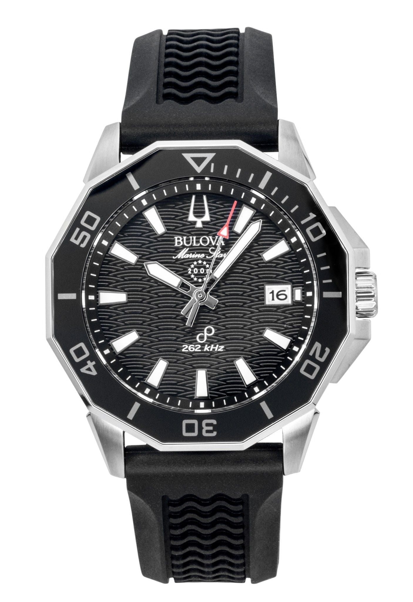 Bulova Marine Star Precisionist Silicone Strap Black Dial. A brand-new Bulova Marine Star watch featuring a Black dial and a Silicone strap. Angled view.