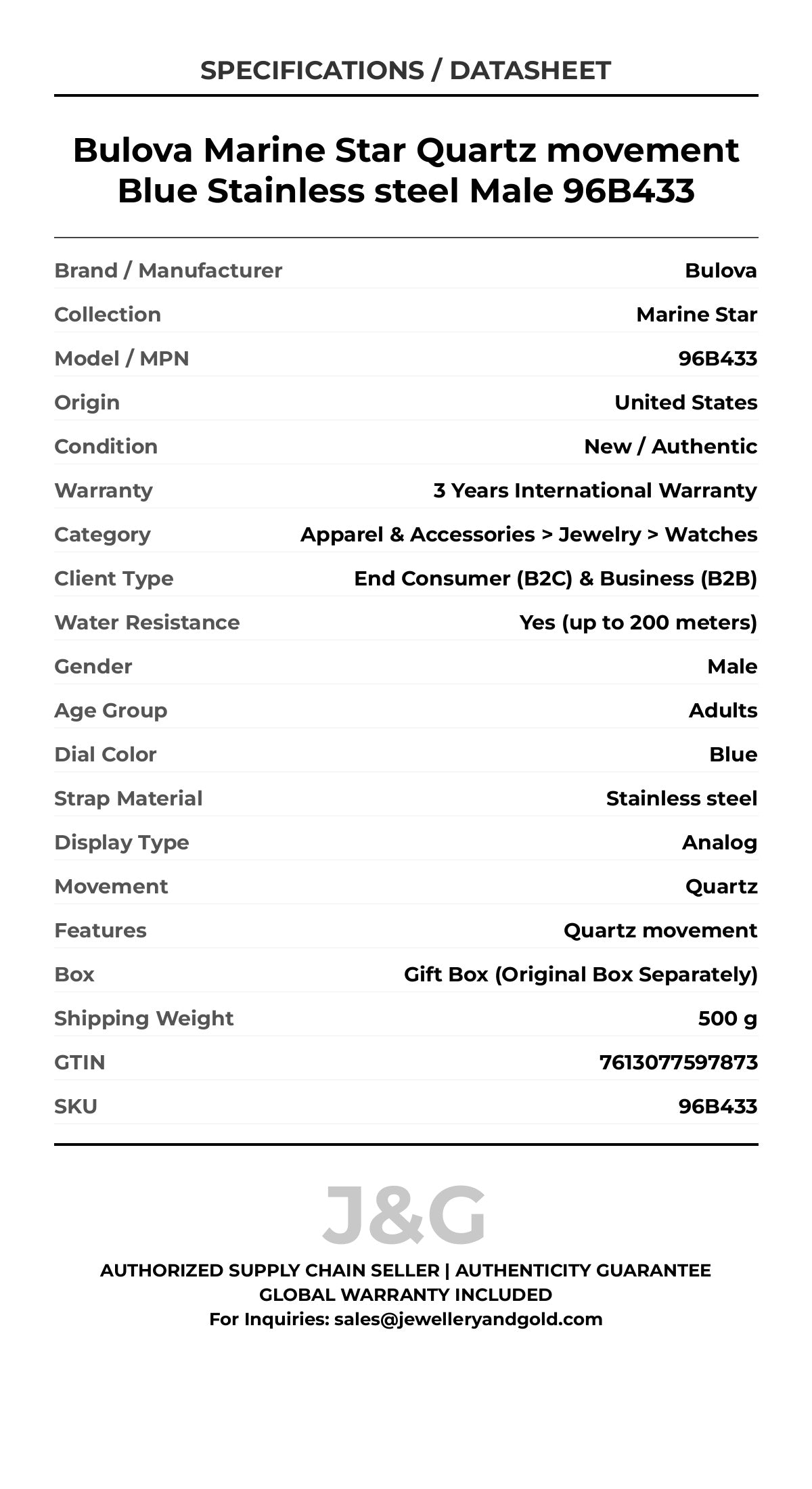Bulova Marine Star Quartz movement Blue Stainless steel Male 96B433 - Specifications