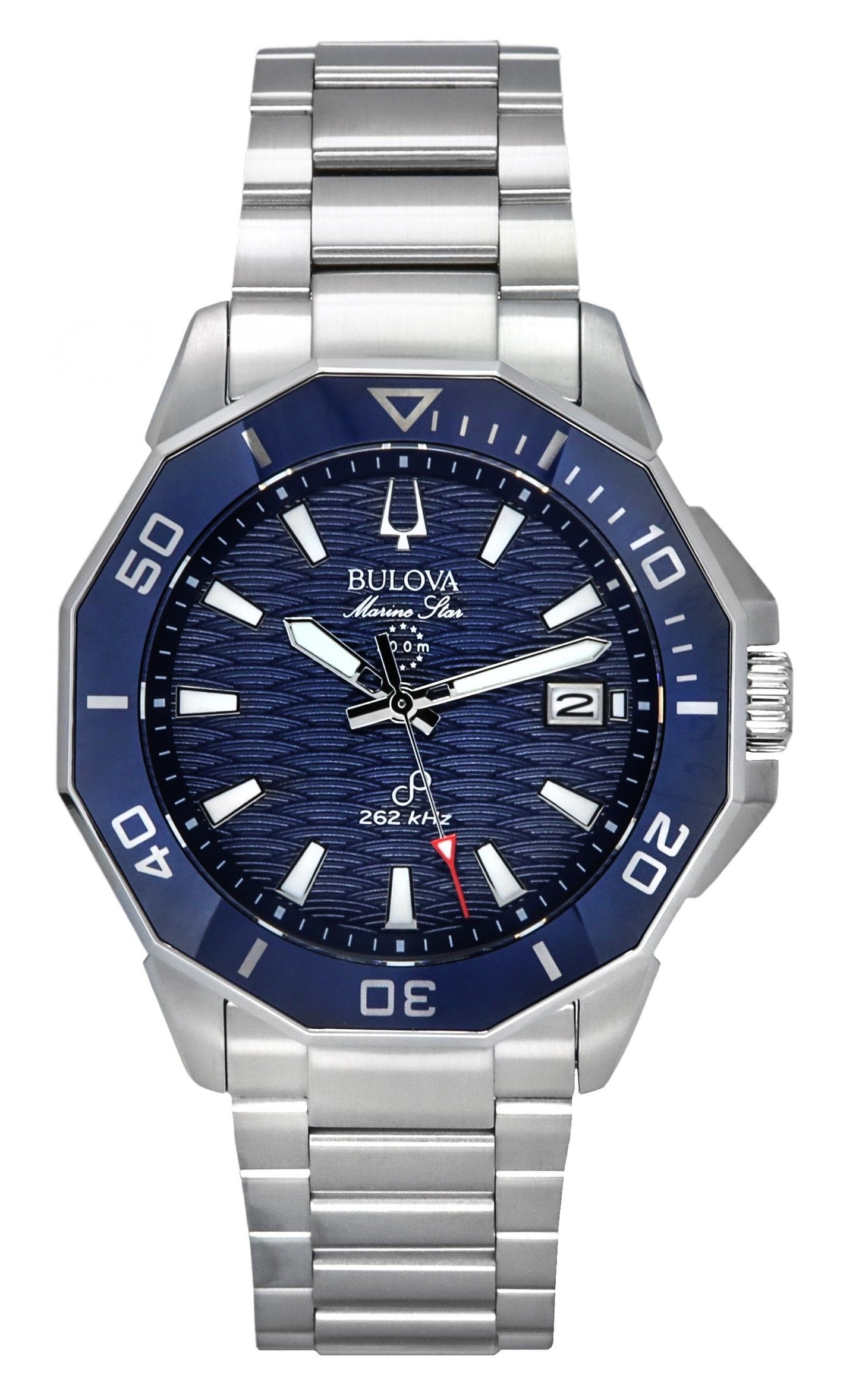 Bulova Marine Star Quartz movement Blue Stainless steel Male 96B433. A brand-new Bulova Marine Star watch featuring a Blue dial and a Stainless steel strap. Angled view.