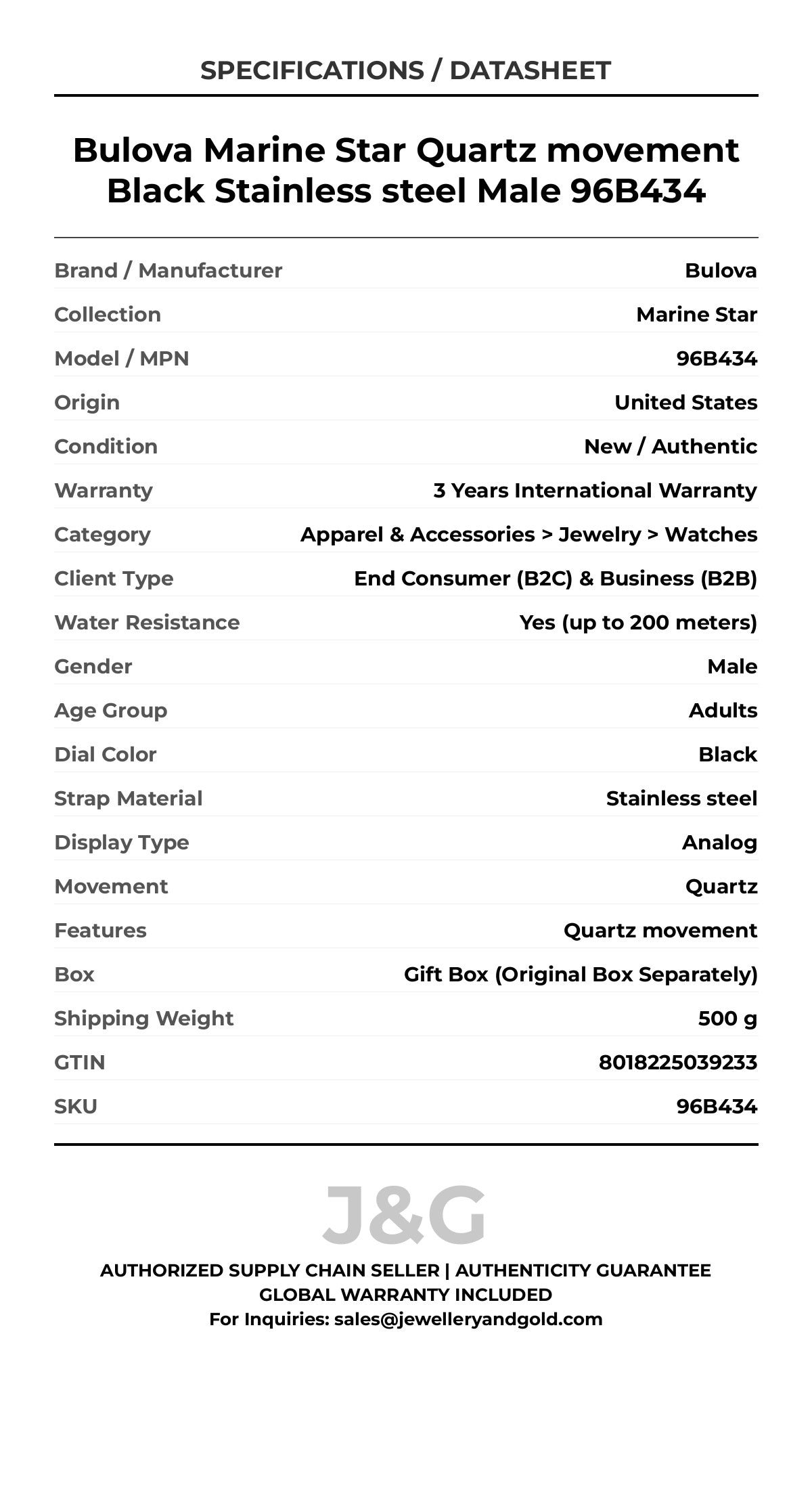Bulova Marine Star Quartz movement Black Stainless steel Male 96B434 - Specifications