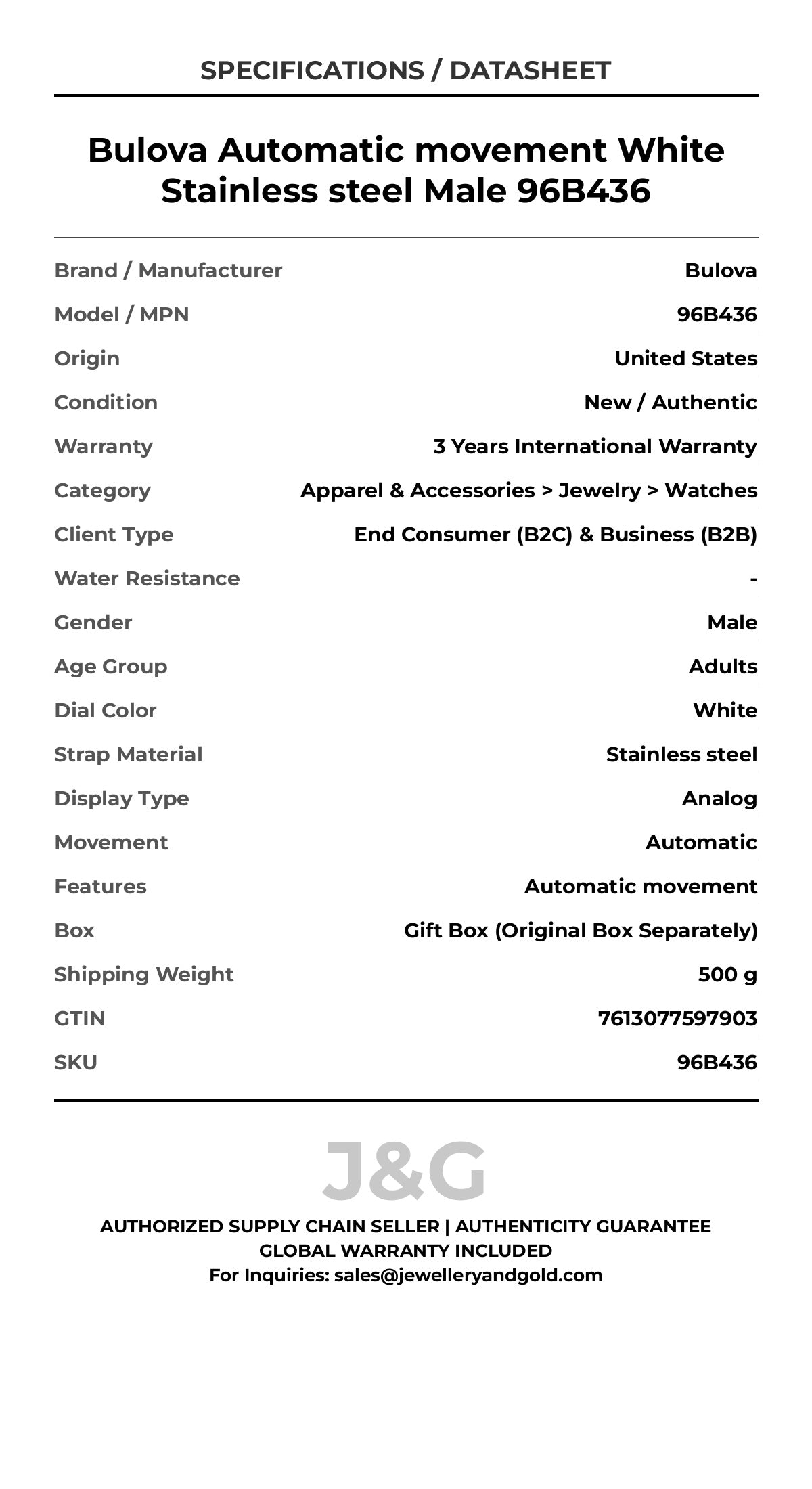 Bulova Automatic movement White Stainless steel Male 96B436 - Specifications