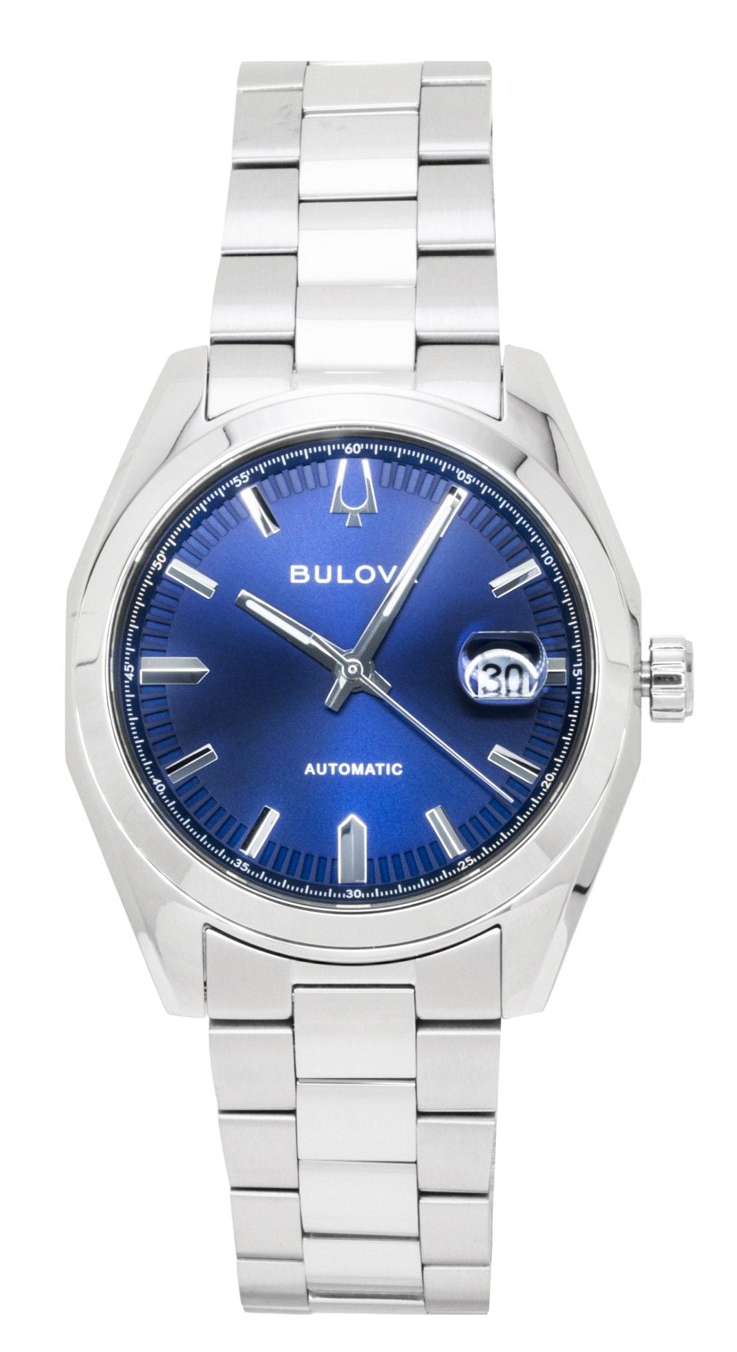 Bulova Automatic movement White Stainless steel Male 96B436. A brand-new Bulova watch featuring a White dial and a Stainless steel strap. Front view.