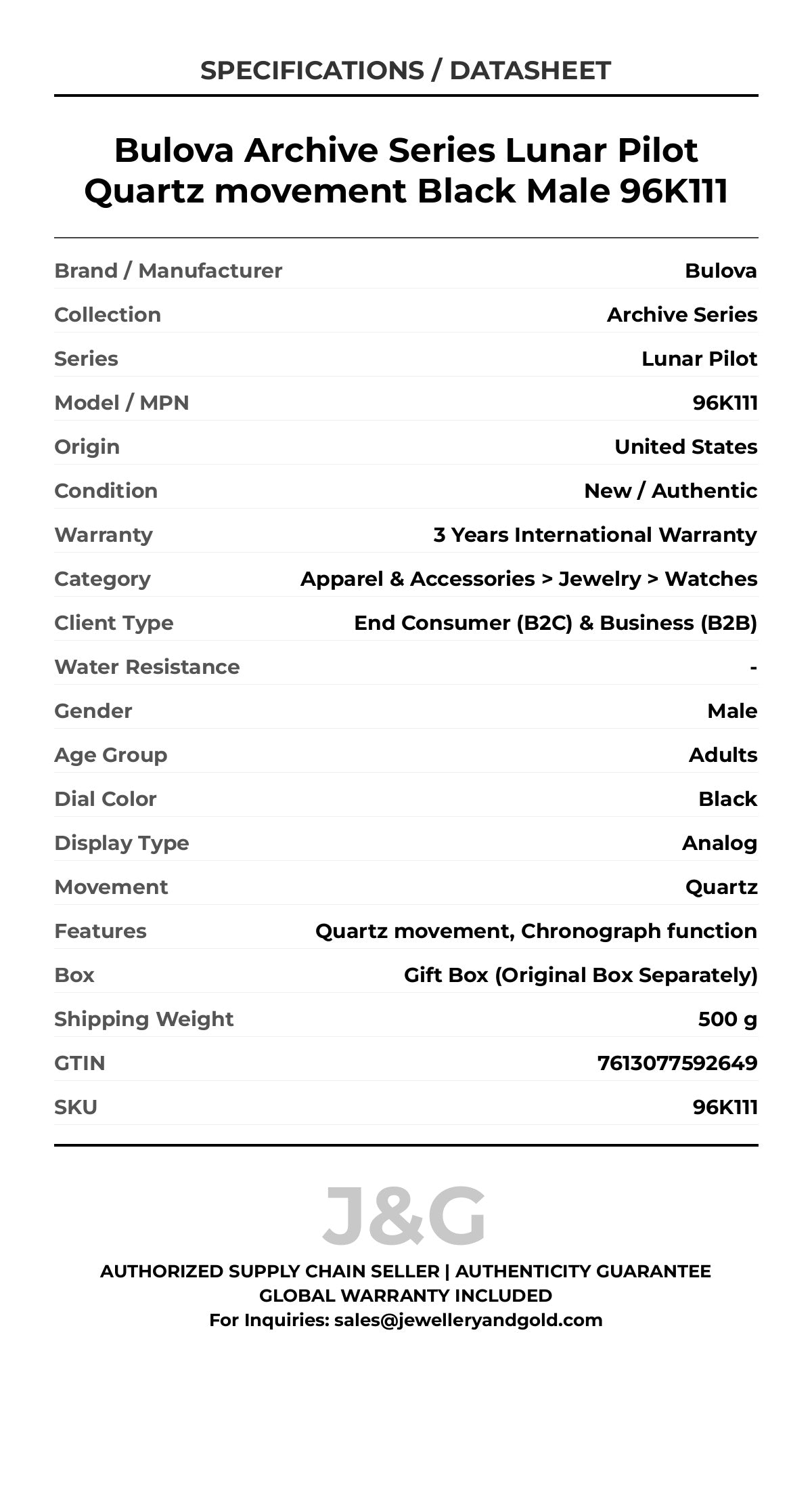 Bulova Archive Series Lunar Pilot Quartz movement Black Male 96K111 - Specifications