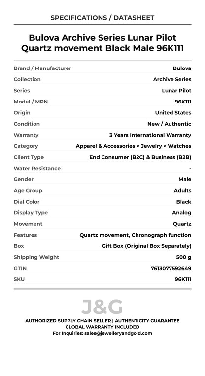 Bulova Archive Series Lunar Pilot Quartz movement Black Male 96K111 - Specifications