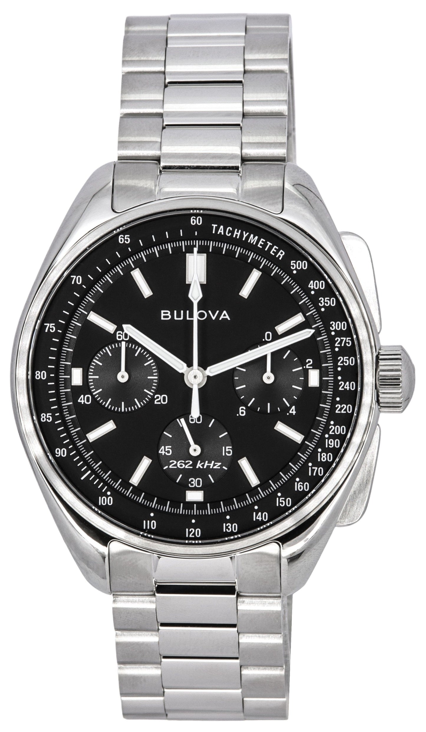 Bulova Archive Series Lunar Pilot Quartz movement Black Male 96K111. A brand-new Bulova Archive Series watch featuring a Black dial. Angled view.