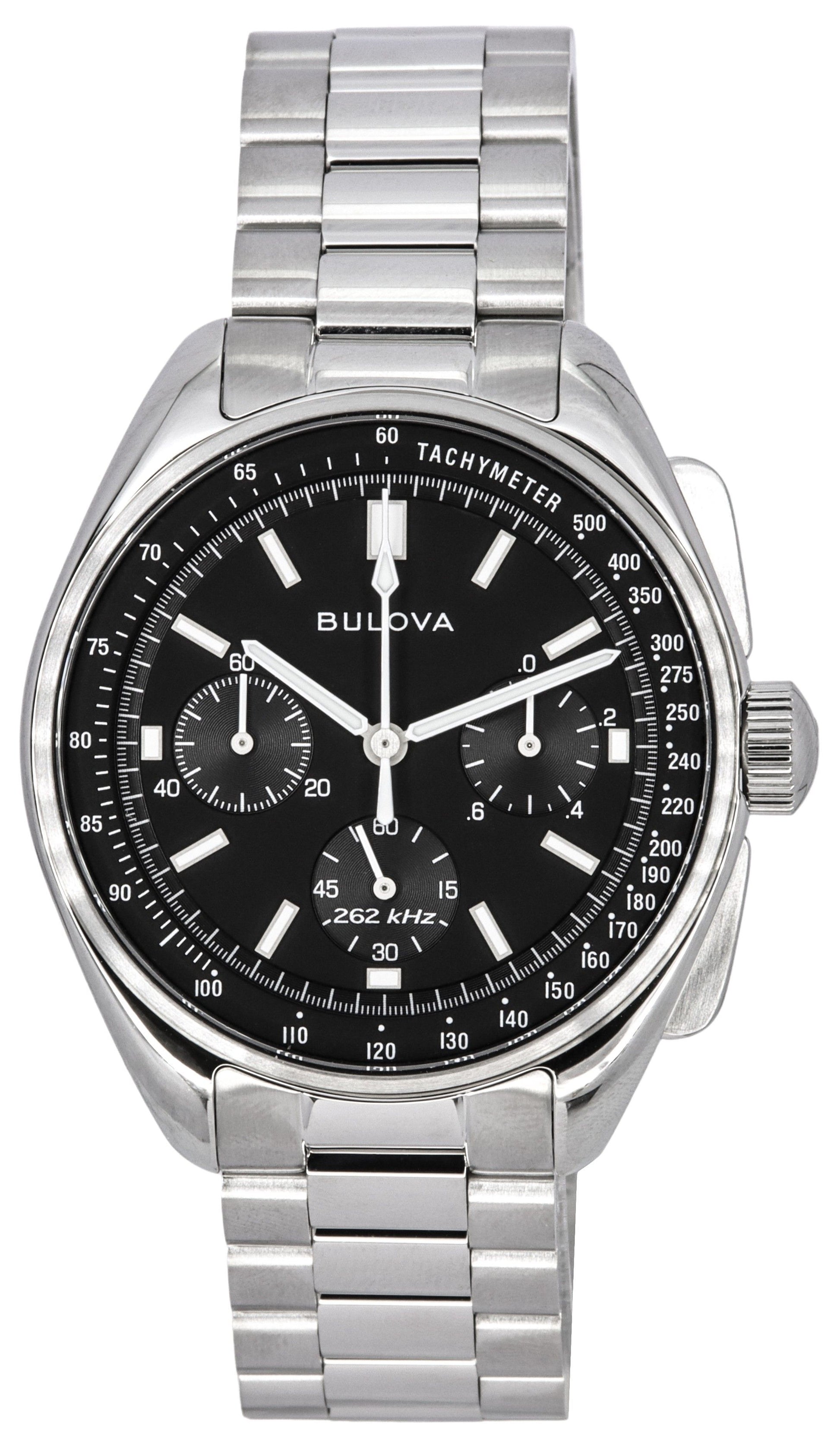 Bulova Archive Series Lunar Pilot Quartz movement Black Male 96K111. A brand-new Bulova Archive Series watch featuring a Black dial. Angled view.