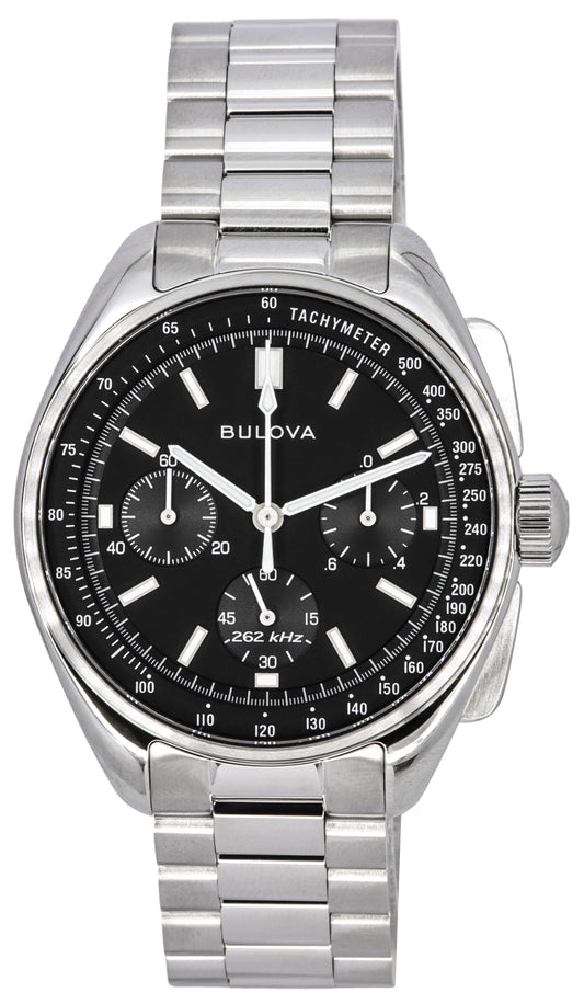 Bulova Archive Series Lunar Pilot Quartz movement Black Male 96K111. A brand-new Bulova Archive Series watch featuring a Black dial. Angled view.