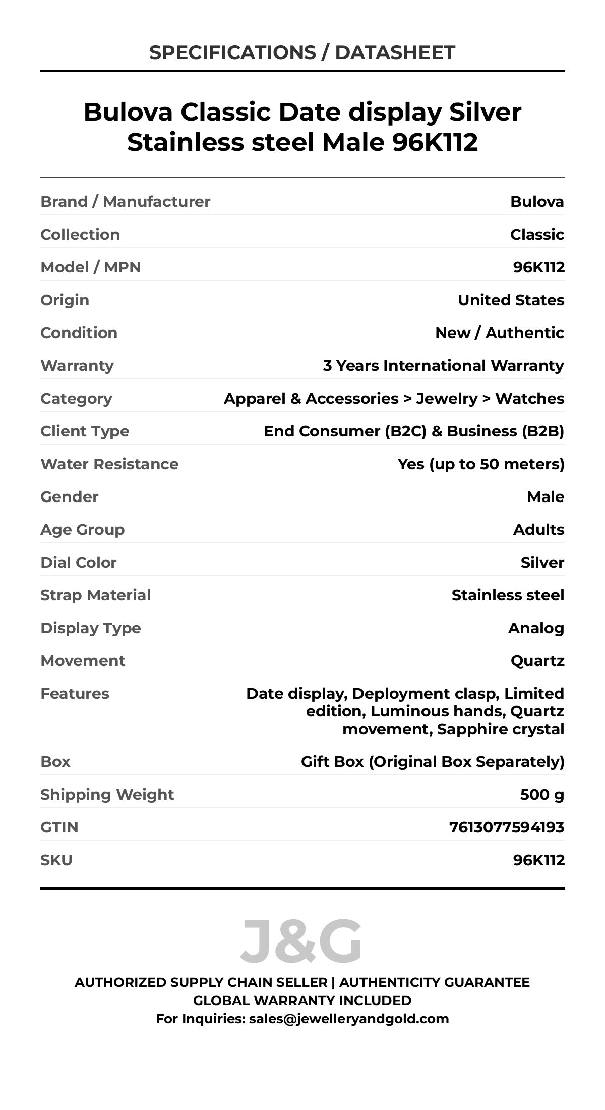 Bulova Classic Date display Silver Stainless steel Male 96K112 - Specifications