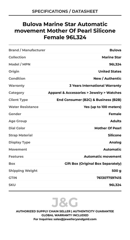 Bulova Marine Star Automatic movement Mother Of Pearl Silicone Female 96L324 - Specifications
