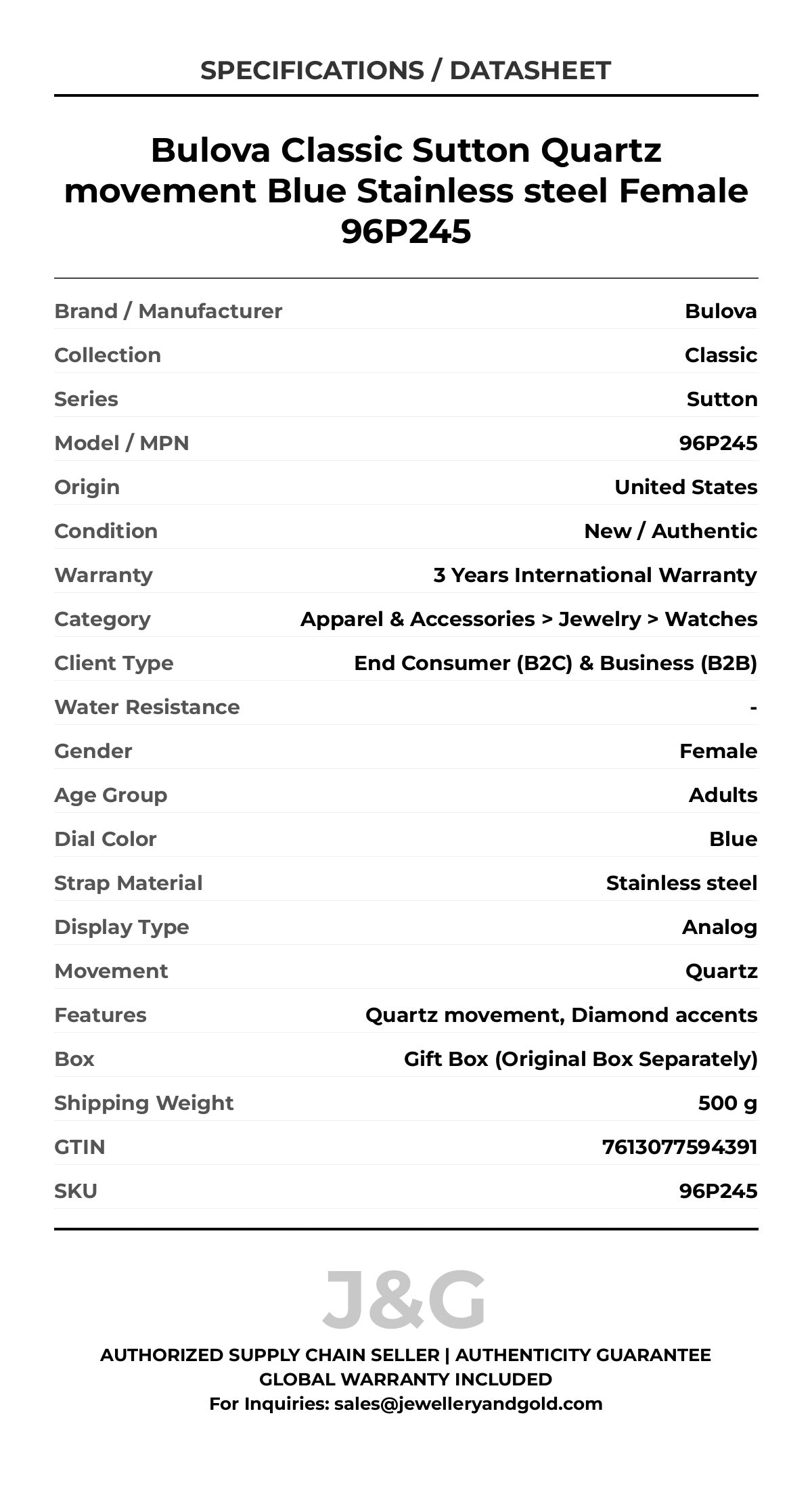 Bulova Classic Sutton Quartz movement Blue Stainless steel Female 96P245 - Specifications