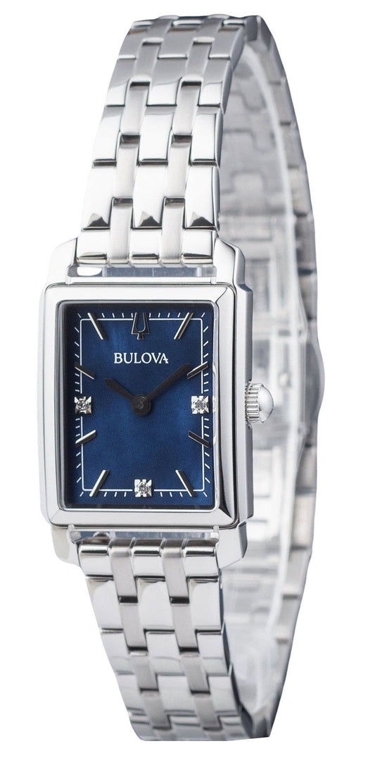 Bulova Classic Sutton Quartz movement Blue Stainless steel Female 96P245. A brand-new Bulova Classic watch featuring a Blue dial and a Stainless steel strap. Side view.