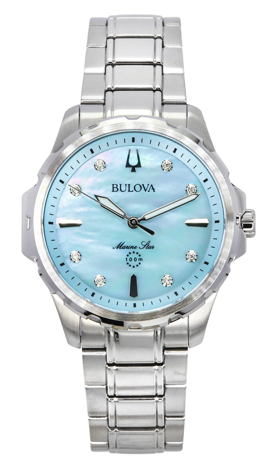 Bulova Marine Star Quartz movement Mother Of Pearl Stainless steel Female 96P248. A brand-new Bulova Marine Star watch featuring a Mother Of Pearl dial and a Stainless steel strap. Angled view.