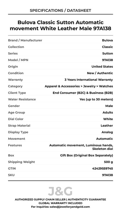 Bulova Classic Sutton Automatic movement White Leather Male 97A138 - Specifications