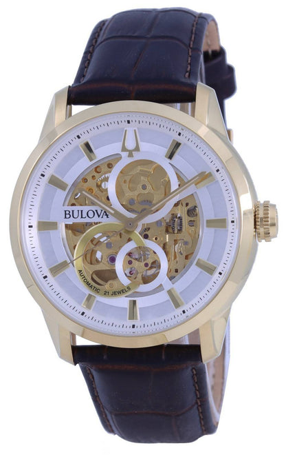 Bulova Classic Sutton Automatic movement White Leather Male 97A138. A brand-new Bulova Classic watch featuring a White dial and a Leather strap. Front view.
