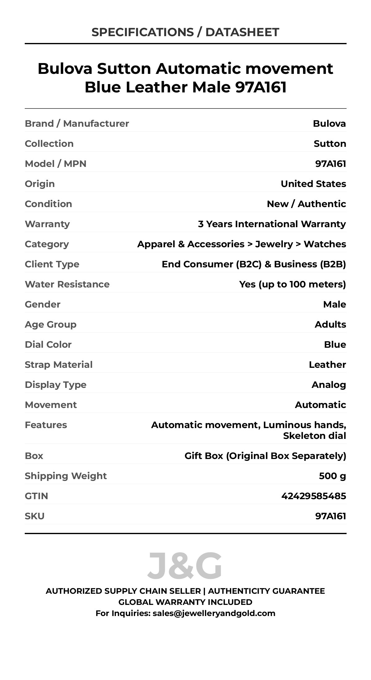 Bulova Sutton Automatic movement Blue Leather Male 97A161 - Specifications