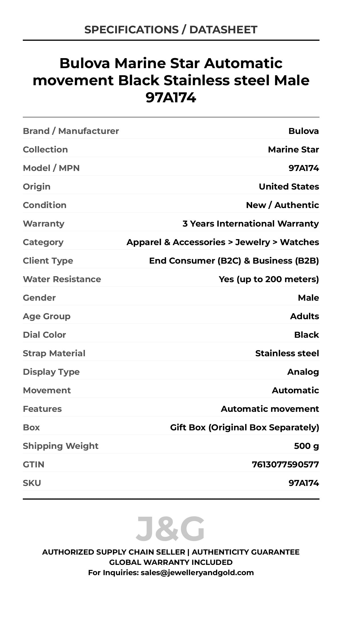 Bulova Marine Star Automatic movement Black Stainless steel Male 97A174 - Specifications
