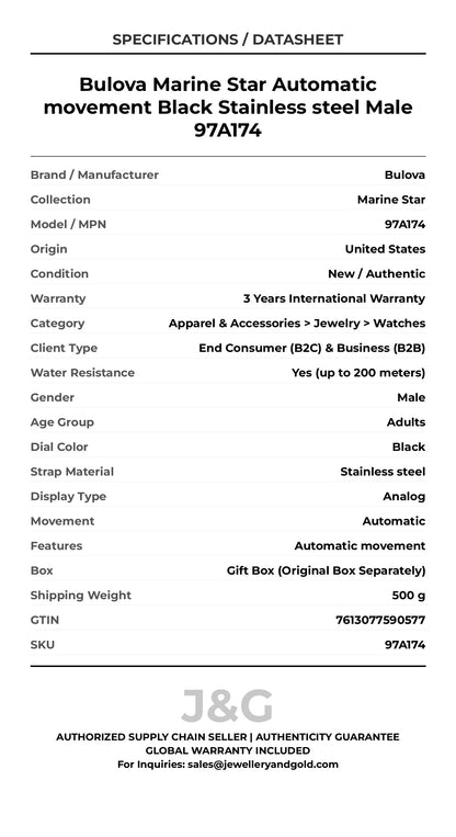 Bulova Marine Star Automatic movement Black Stainless steel Male 97A174 - Specifications