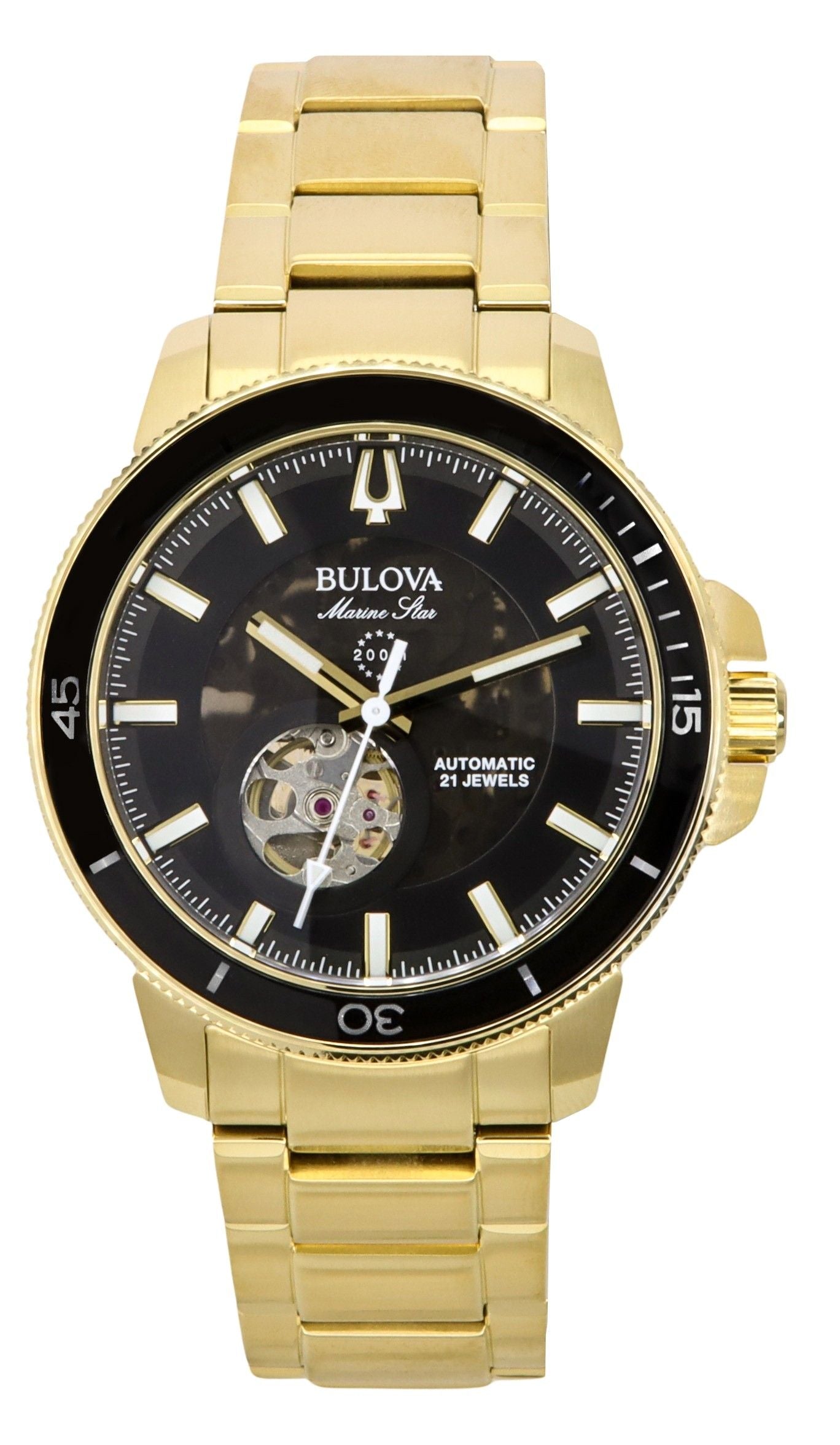 Bulova Marine Star Automatic movement Black Stainless steel Male 97A174. A brand-new Bulova Marine Star watch featuring a Black dial and a Stainless steel strap. Angled view.