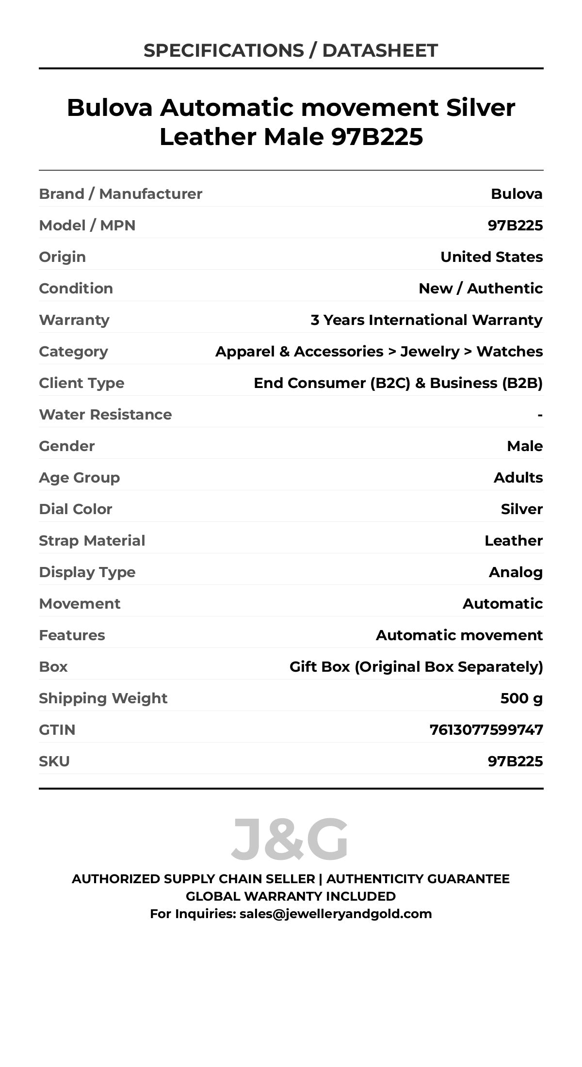 Bulova Automatic movement Silver Leather Male 97B225 - Specifications