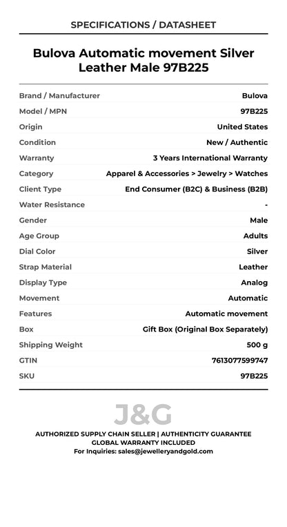 Bulova Automatic movement Silver Leather Male 97B225 - Specifications