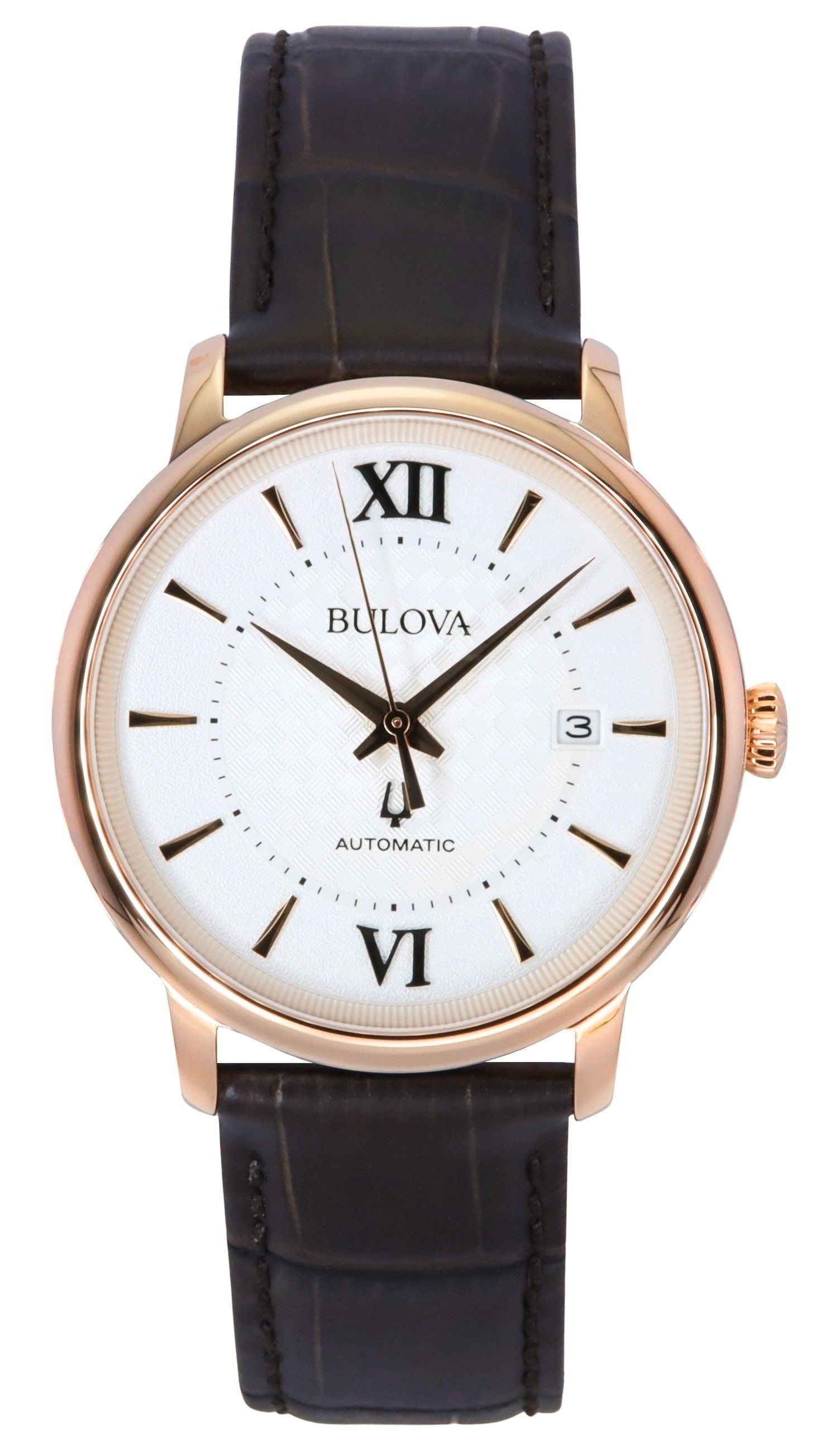 Bulova Automatic movement Silver Leather Male 97B225. A brand-new Bulova watch featuring a Silver dial and a Leather strap. Side view.