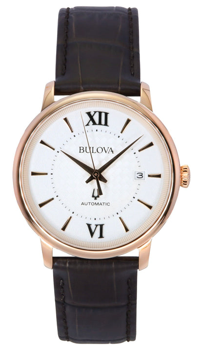 Bulova Automatic movement Silver Leather Male 97B225. A brand-new Bulova watch featuring a Silver dial and a Leather strap. Side view.