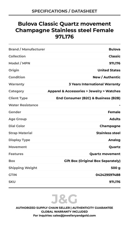 Bulova Classic Quartz movement Champagne Stainless steel Female 97L176 - Specifications