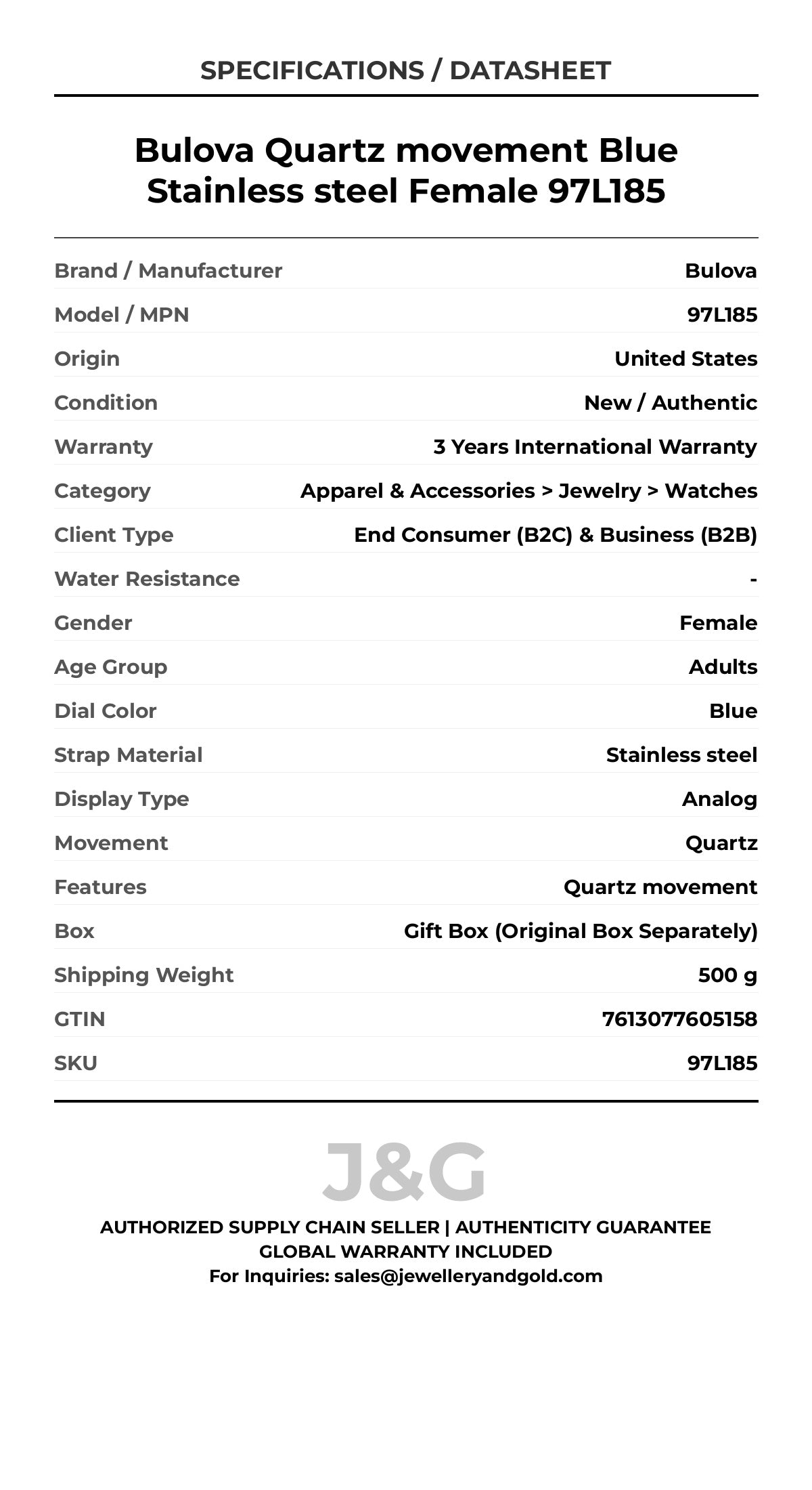 Bulova Quartz movement Blue Stainless steel Female 97L185 - Specifications