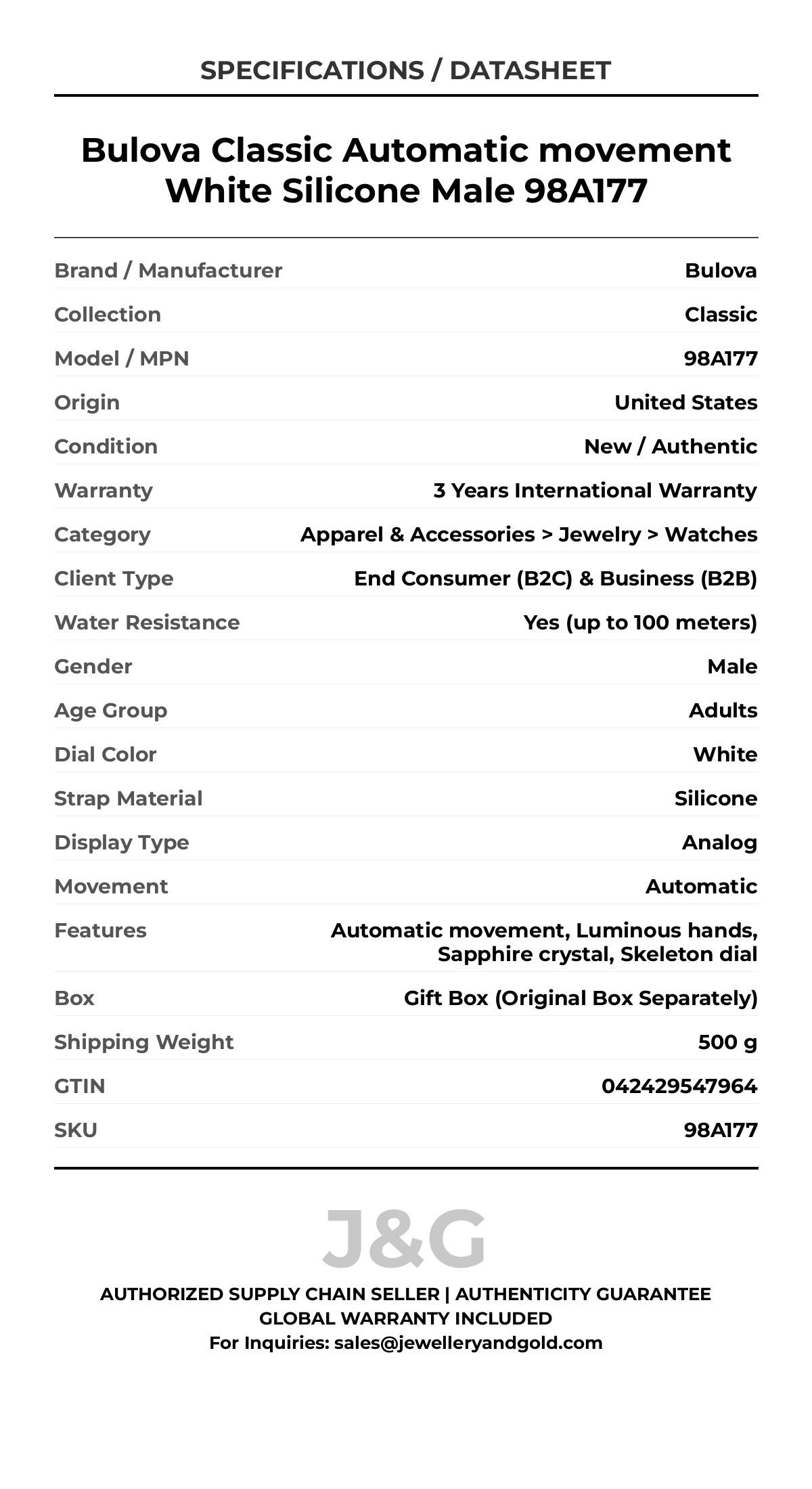 Bulova Classic Automatic movement White Silicone Male 98A177 - Specifications