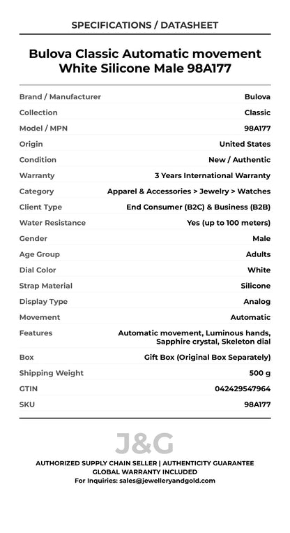 Bulova Classic Automatic movement White Silicone Male 98A177 - Specifications