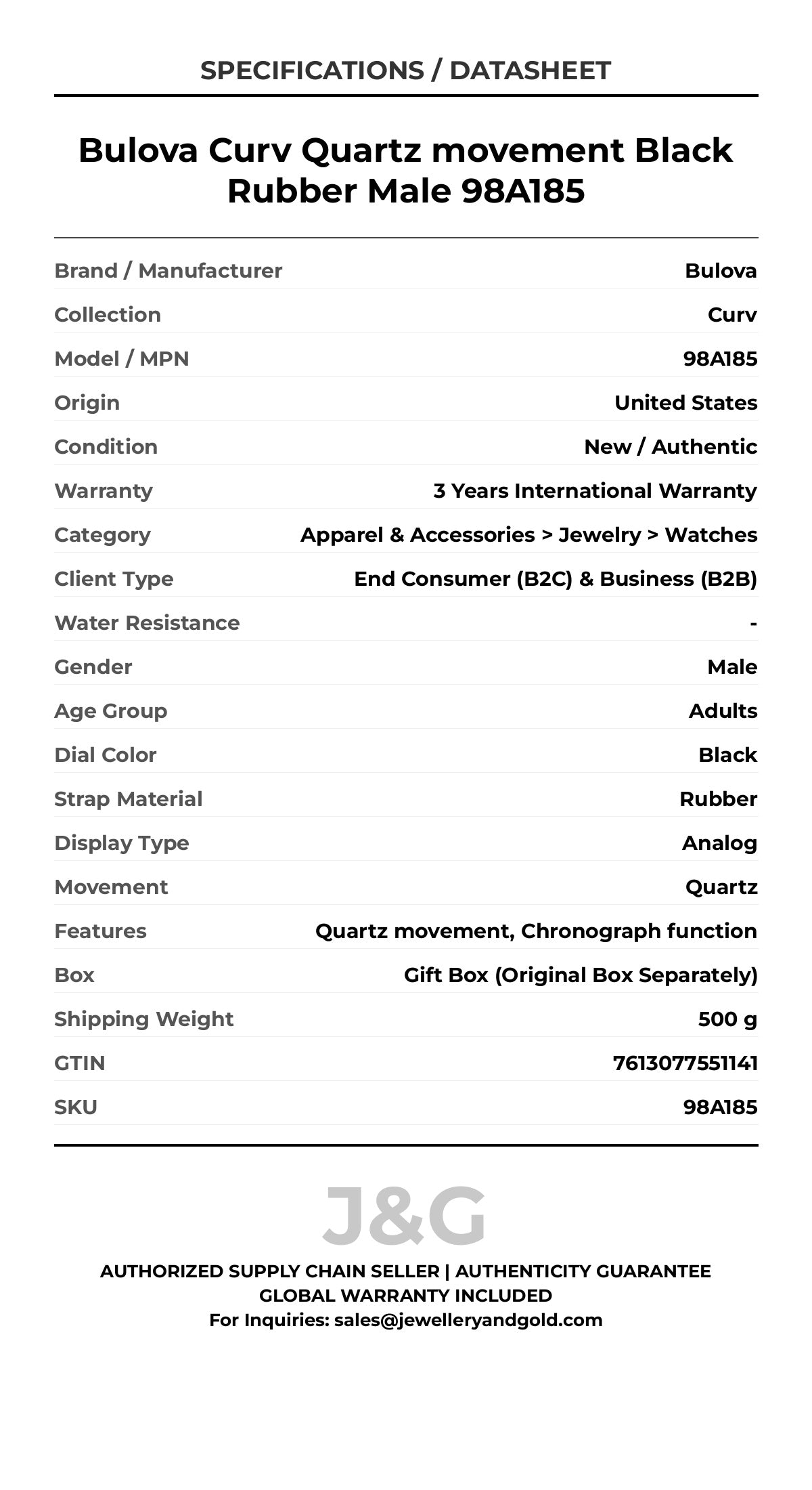 Bulova Curv Quartz movement Black Rubber Male 98A185 - Specifications