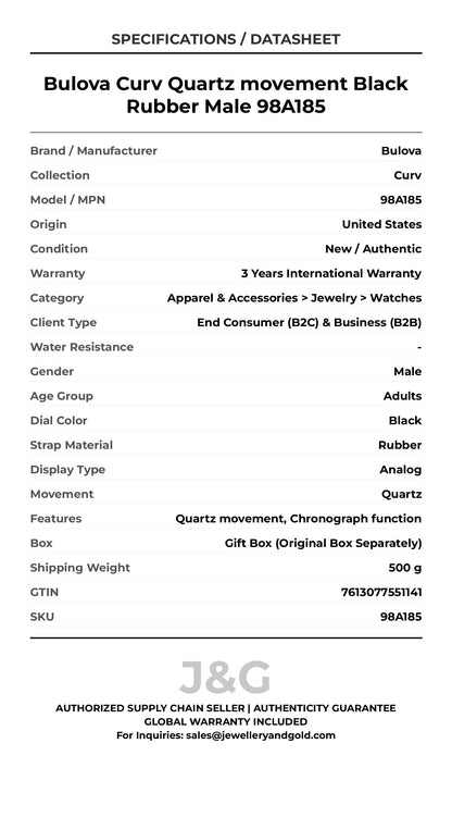 Bulova Curv Quartz movement Black Rubber Male 98A185 - Specifications