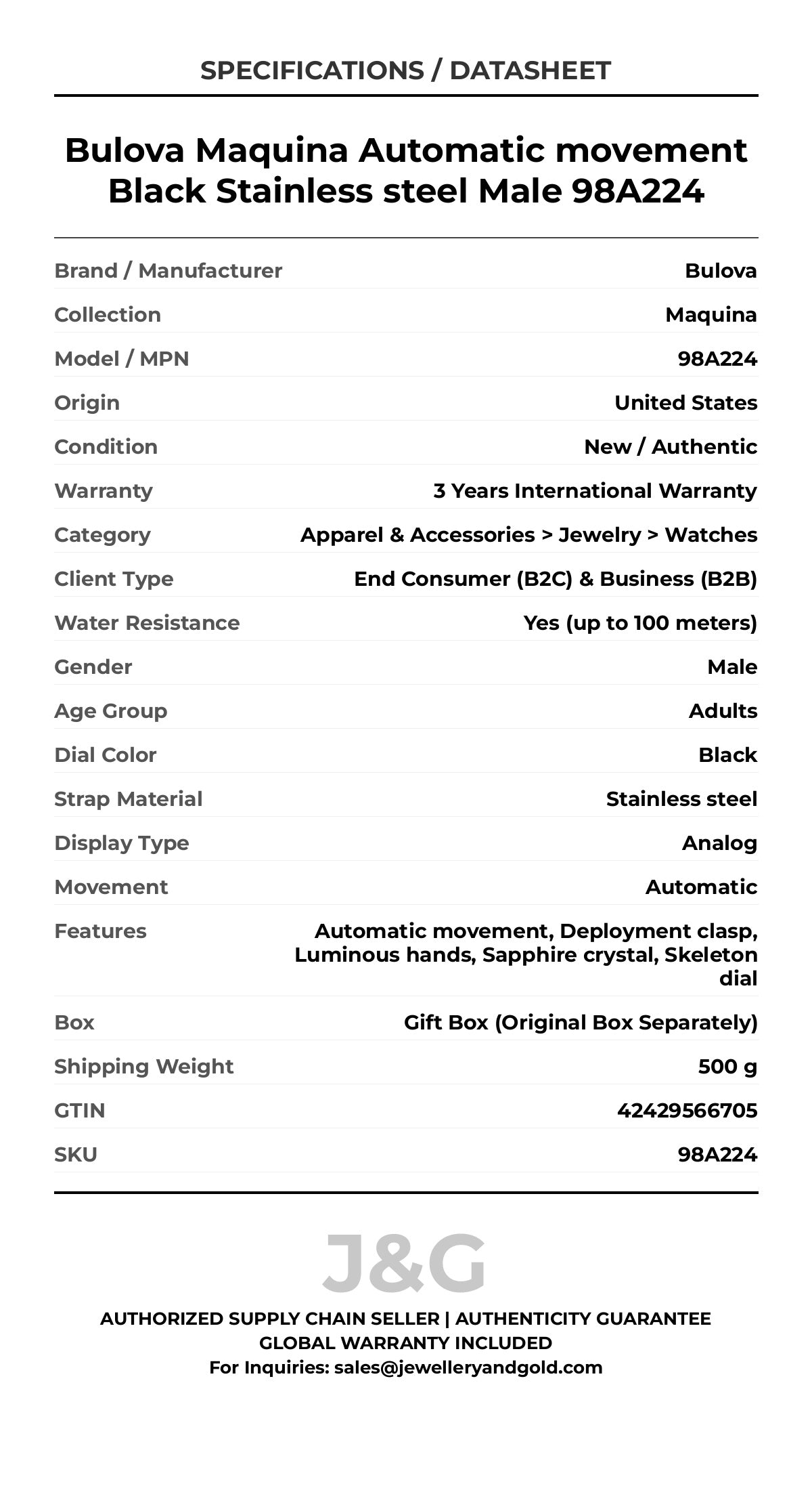 Bulova Maquina Automatic movement Black Stainless steel Male 98A224 - Specifications
