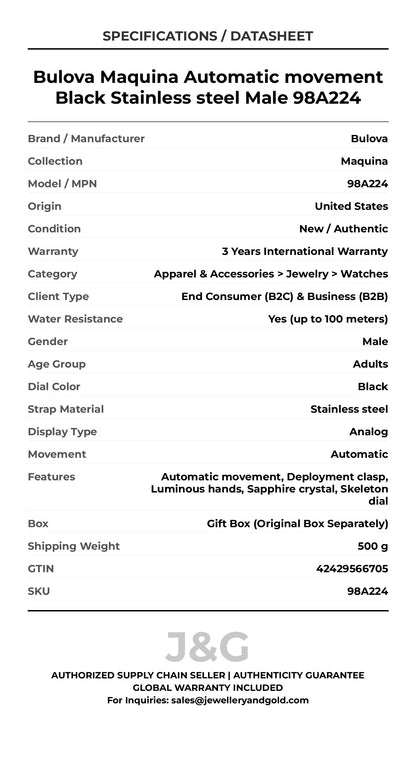 Bulova Maquina Automatic movement Black Stainless steel Male 98A224 - Specifications