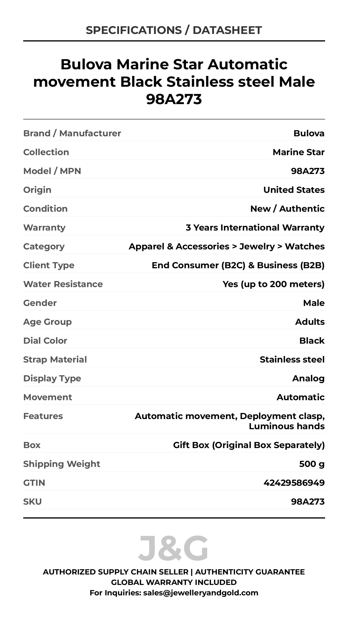 Bulova Marine Star Automatic movement Black Stainless steel Male 98A273 - Specifications