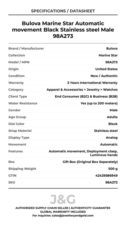 Bulova Marine Star Automatic movement Black Stainless steel Male 98A273 - Specifications