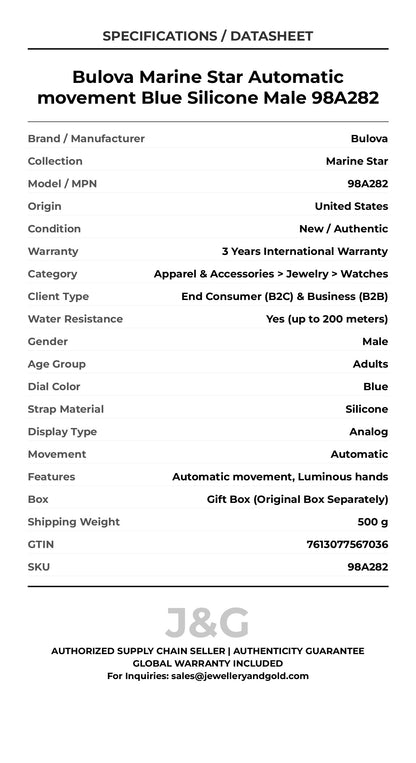 Bulova Marine Star Automatic movement Blue Silicone Male 98A282 - Specifications