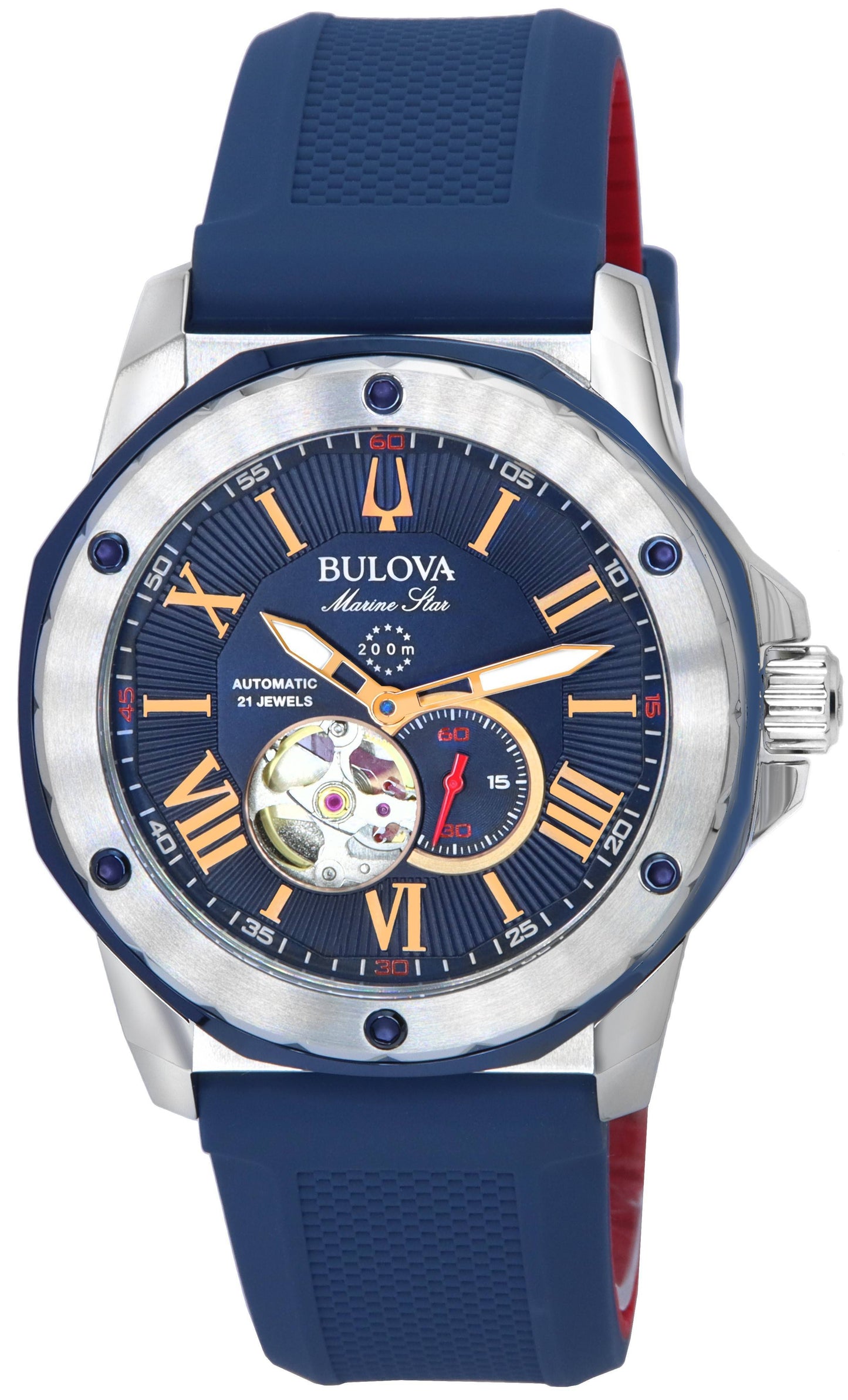 Bulova Marine Star Automatic movement Blue Silicone Male 98A282. A brand-new Bulova Marine Star watch featuring a Blue dial and a Silicone strap. Side view.