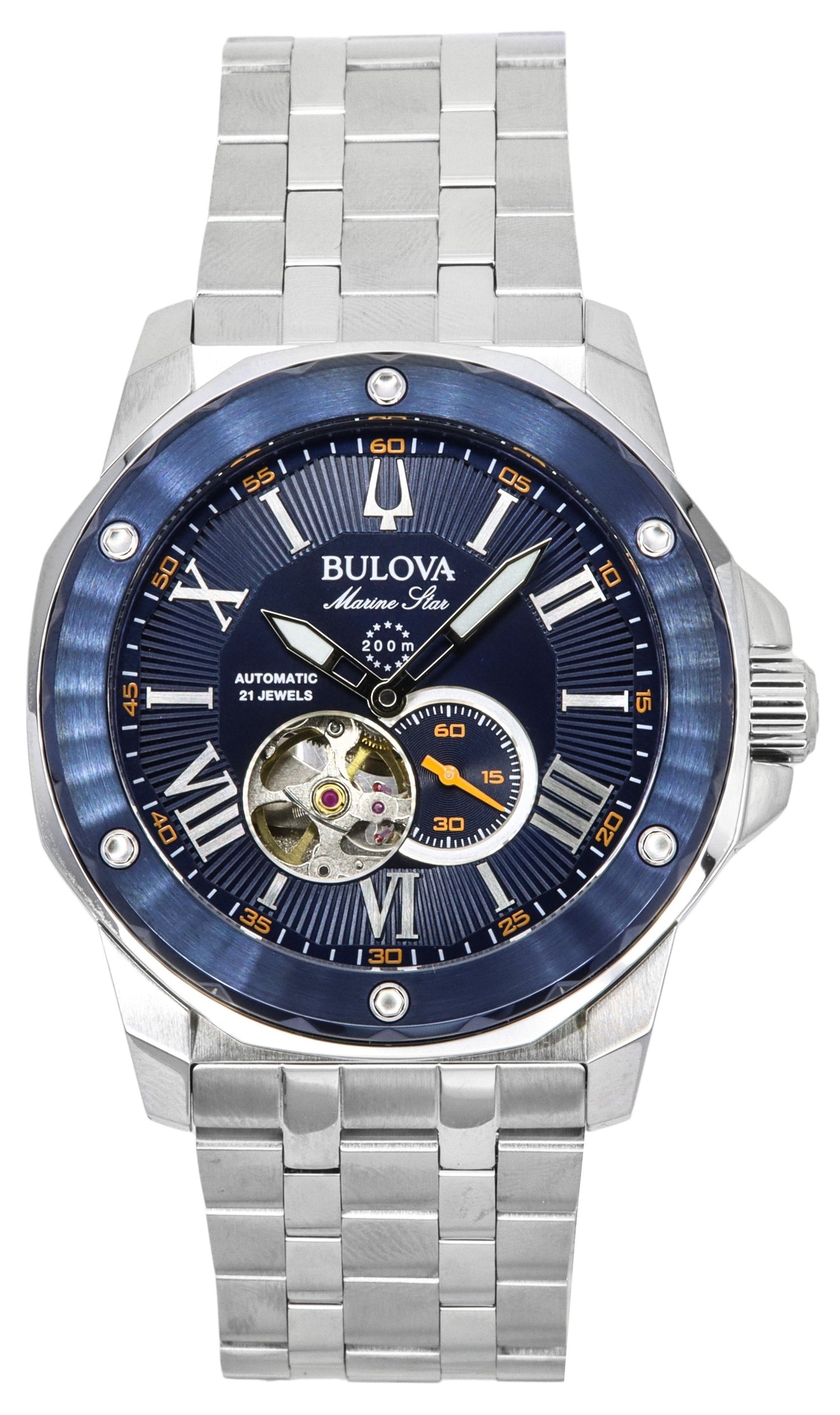 Bulova Marine Star Automatic movement Blue Stainless steel Male 98A302. A brand-new Bulova Marine Star watch featuring a Blue dial and a Stainless steel strap. Side view.