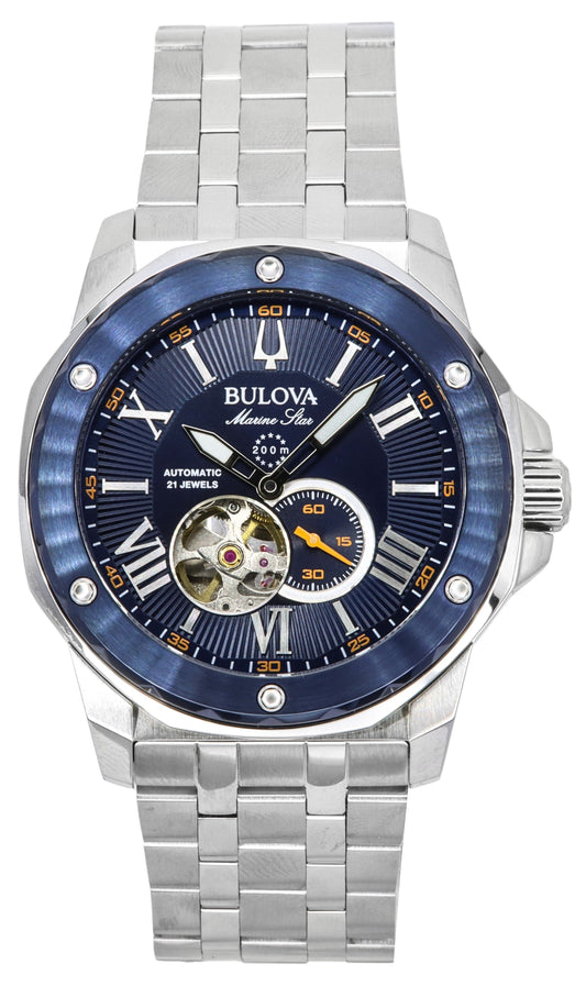 Bulova Marine Star Automatic movement Blue Stainless steel Male 98A302. A brand-new Bulova Marine Star watch featuring a Blue dial and a Stainless steel strap. Side view.