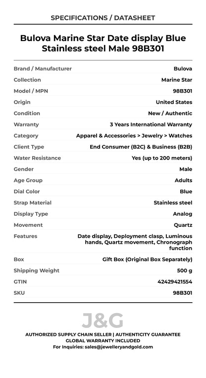 Bulova Marine Star Date display Blue Stainless steel Male 98B301 - Specifications