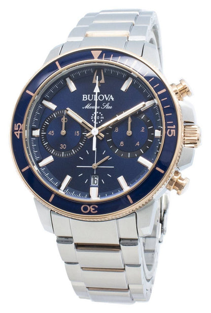 Bulova Marine Star Date display Blue Stainless steel Male 98B301. A brand-new Bulova Marine Star watch featuring a Blue dial and a Stainless steel strap. Side view.