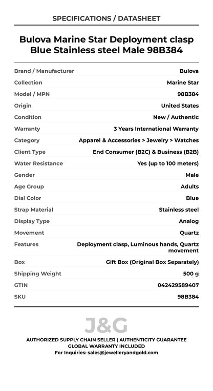 Bulova Marine Star Deployment clasp Blue Stainless steel Male 98B384 - Specifications