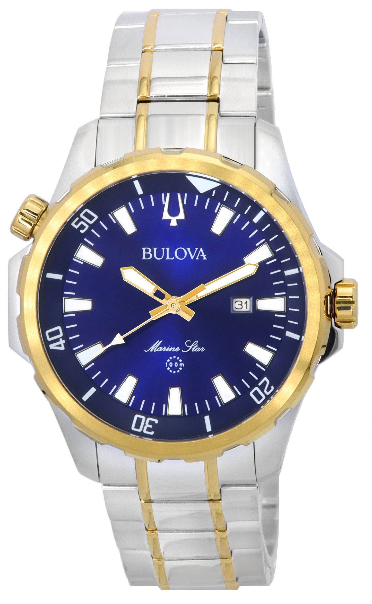 Bulova Marine Star Deployment clasp Blue Stainless steel Male 98B384. A brand-new Bulova Marine Star watch featuring a Blue dial and a Stainless steel strap. Angled view.