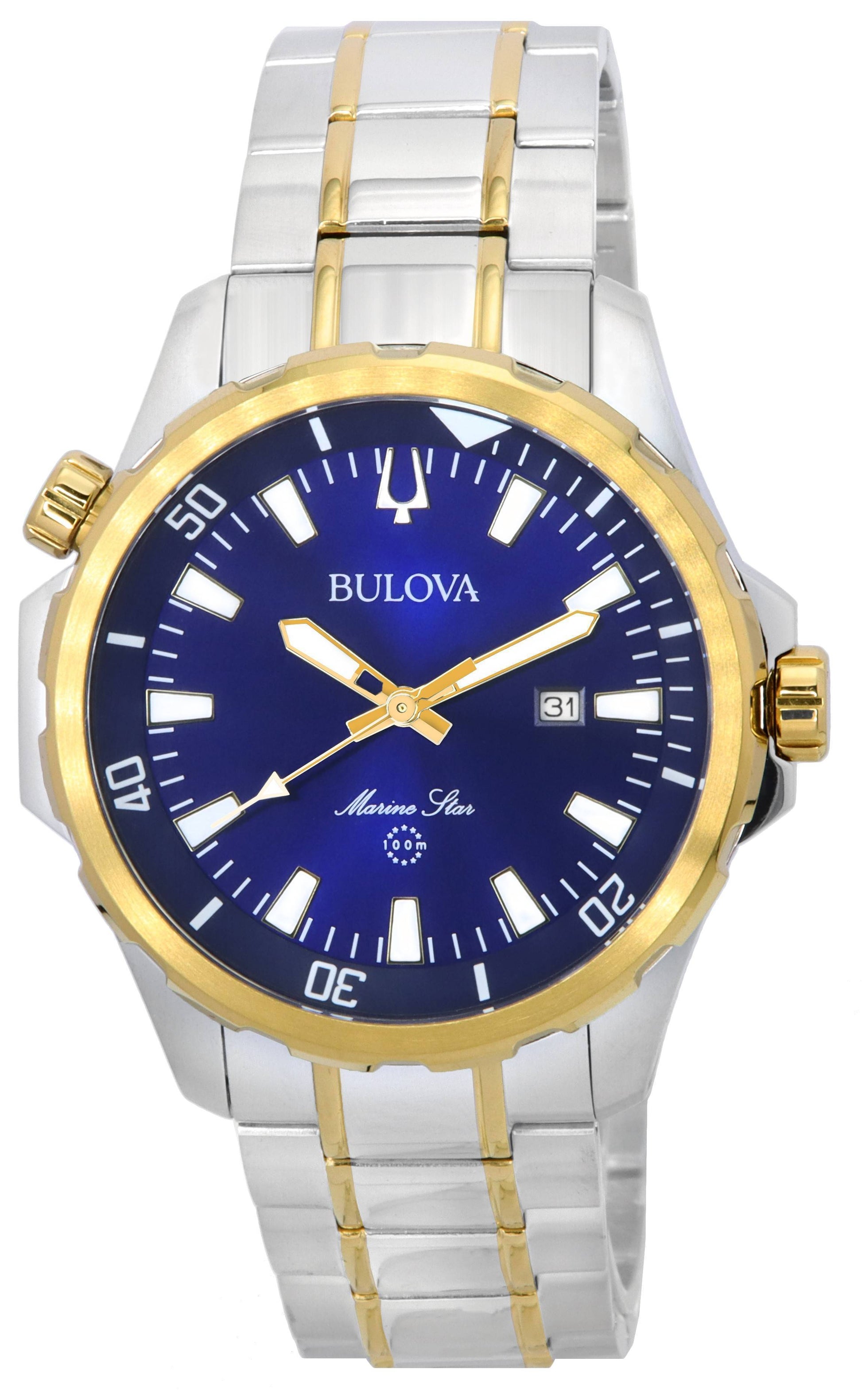 Bulova Marine Star Deployment clasp Blue Stainless steel Male 98B384. A brand-new Bulova Marine Star watch featuring a Blue dial and a Stainless steel strap. Angled view.